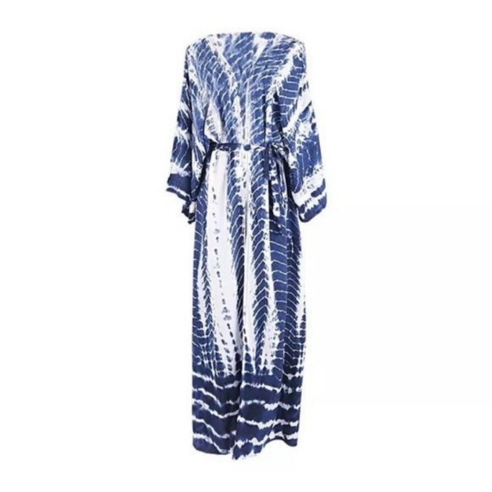 Boho Blue Tie Dye Kimono Duster Coverup - Picture 11 of 13